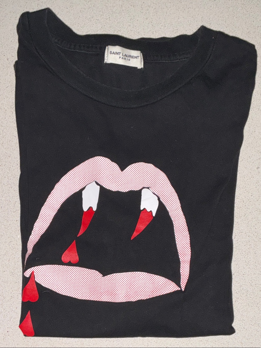 Saint Laurent Kids Black Tee with Pink Lip and Red Detail